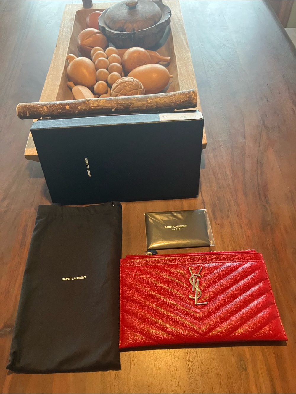 Saint Laurent Red Quilted Leather Zip Pouch with Gold YSL Monogram